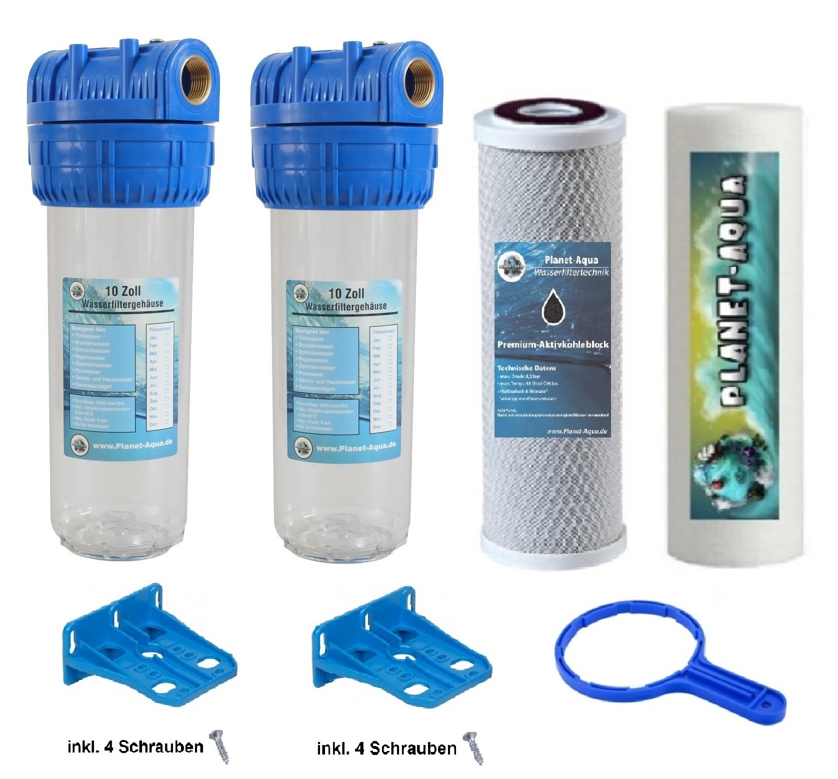 Wasserfiltergehäuse Set 2 x Filtergehäuse 10 Zoll inkl. Zubehör 1 x  Aktivkohleblock 1 x Sedimentfilter