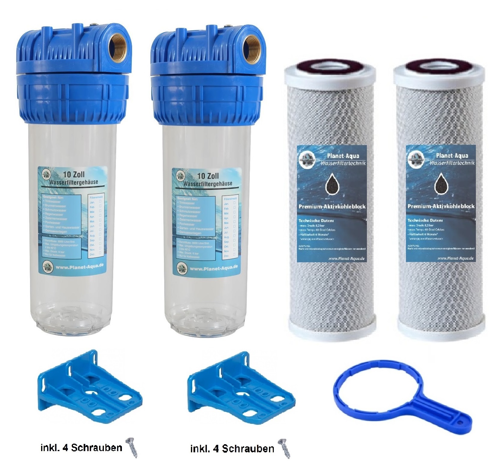Wasserfiltergehäuse 10 Zoll mit Montagezubehör und Aktivkohleblock