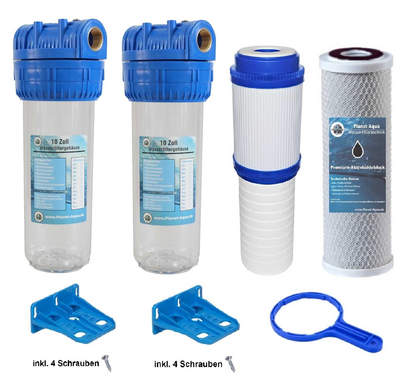 Wasserfiltergehäuse 10 Zoll mit Montagezubehör und Aktivkohlefilter